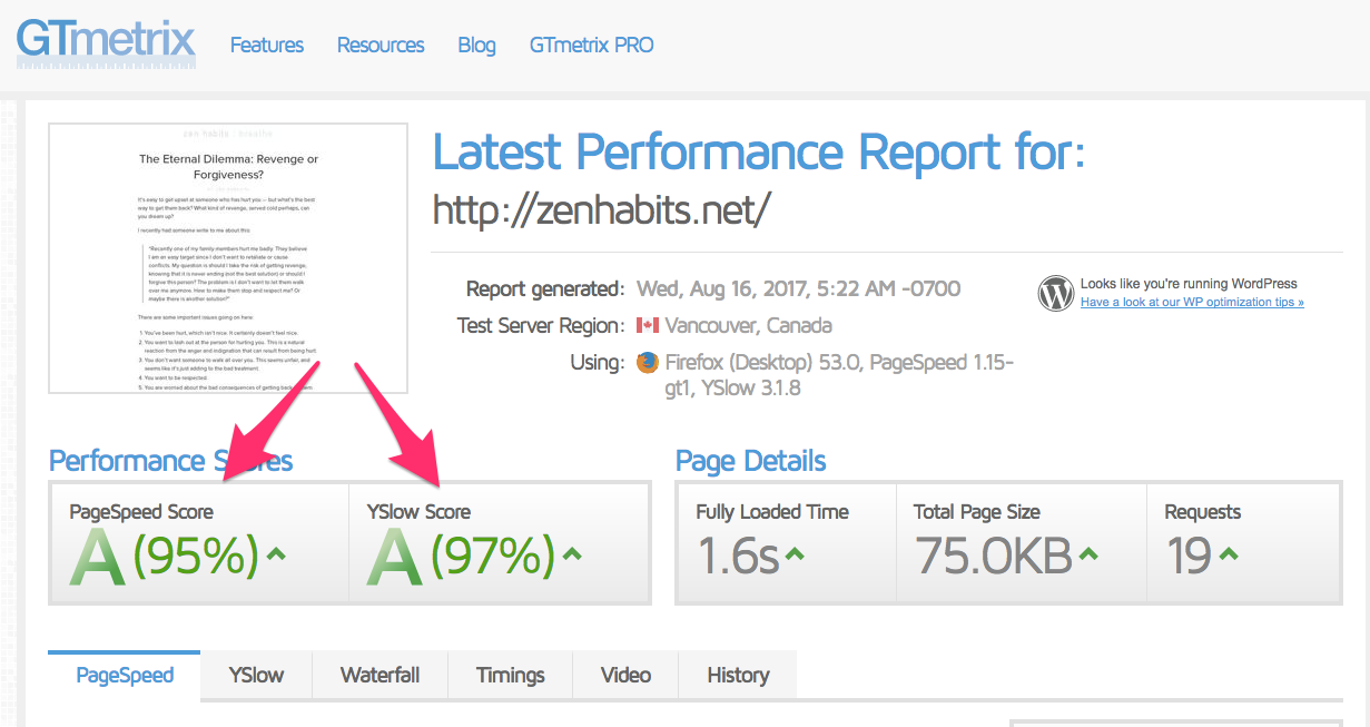 Latest Performance Report for http zenhabits net GTmetrix 