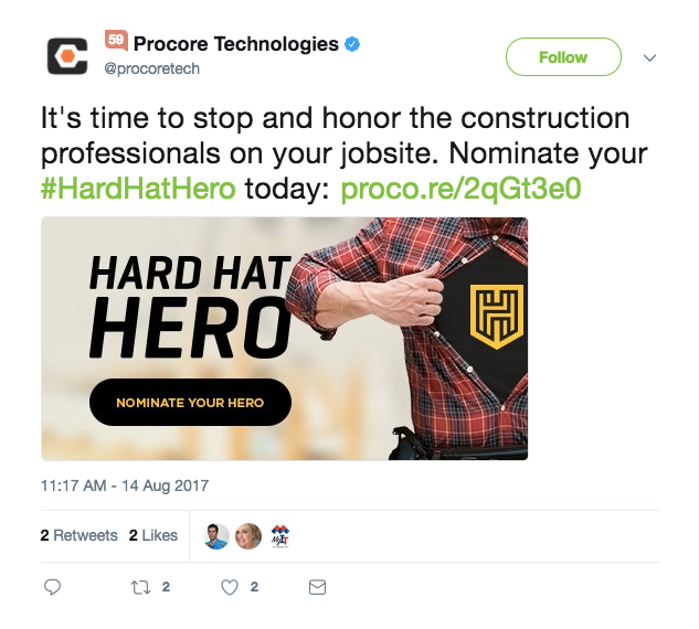 Procore Technologies on Twitter It s time to stop and honor the construction professionals on your jobsite Nominate your HardHatHero today https t co wXDbecowlM https t co svV9TGvjtC 