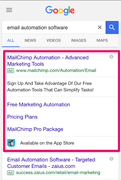 Mobile ad example paid search ads 