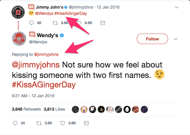 Wendy s on Twitter jimmyjohns Not sure how we feel about kissing someone with two first names KissAGingerDay
