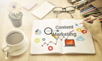 message about content marketing on business book with office equipment.  management to business success concept.
