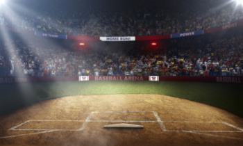 Professional baseball arena side view in lights