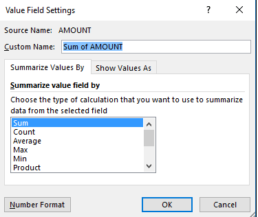 pivot table field setting screenshot