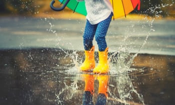 Feet of  child in yellow rubber boots jumping over  puddle in rain