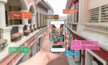 Augmented reality marketing street . Hand holding smart phone use AR application to check information