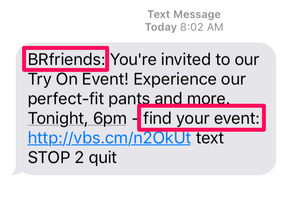 Exemple de marketing par SMS Banana Republic 