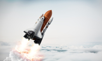 Rocket carrying space shuttle launches off. 3D illustration