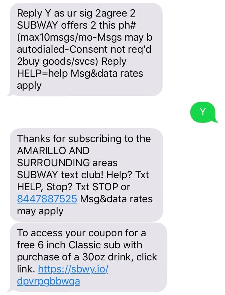 sms marketing example from subway 