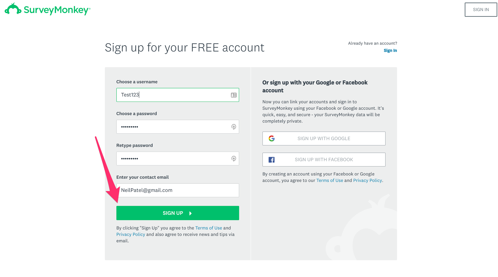 Arc and Sign up for a FREE SurveyMonkey account