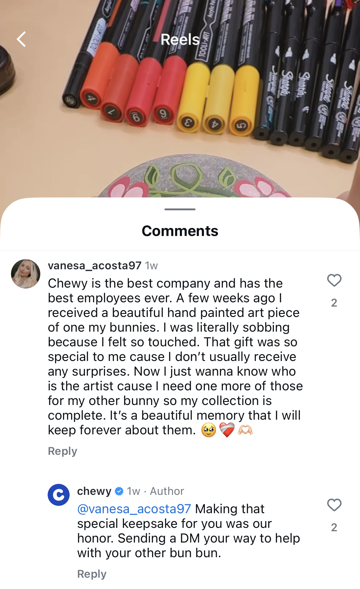 Social media post comment section with a reply from Chewy.