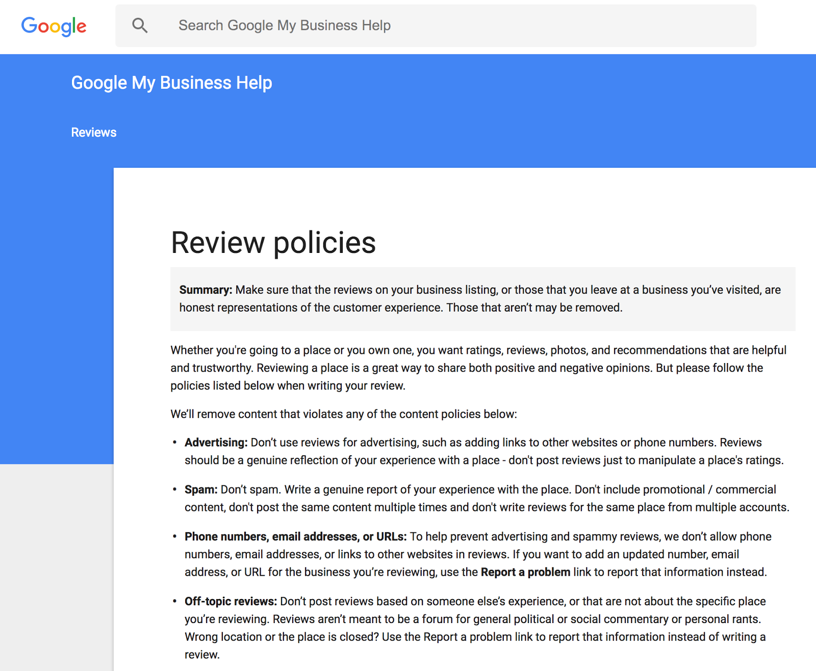 capture d'écran des politiques de révision google de référencement local