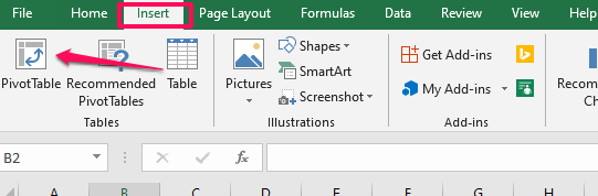 add pivot table in excel