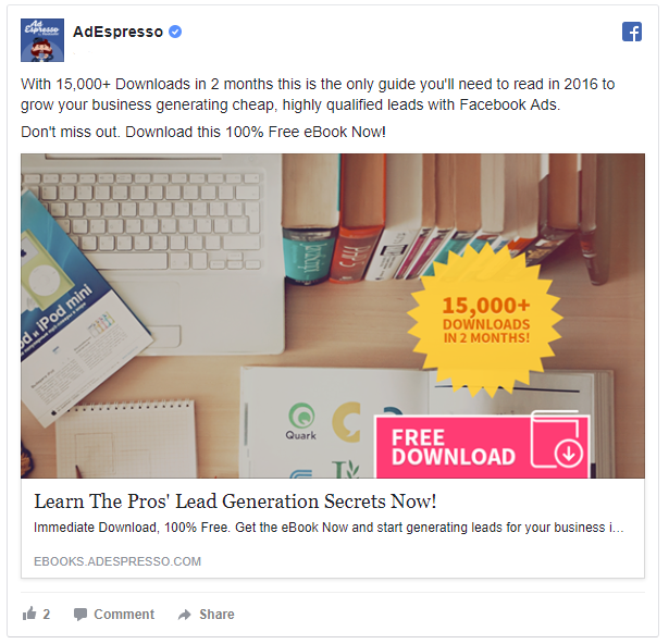 adespresso lead magent ad retargeting on facebook 