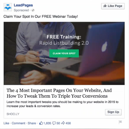 retargeting strategies - example of a facebook ad from leadpages