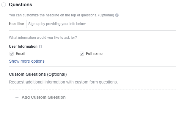 Facebook questions for lead gen ad retargeting 