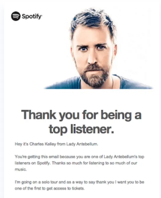 A Spotify email thanking someone for being a top listener.