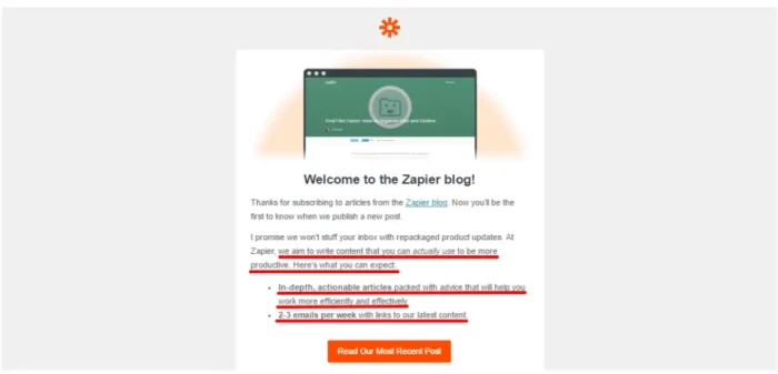 A confirmation email for the Zapier blog.