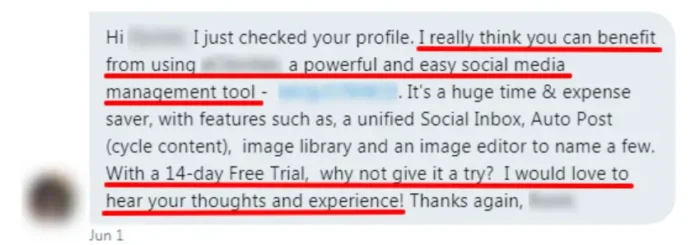 An example of a hard sell on social media.