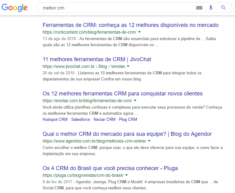 página de resultados para ferramentas de CRM