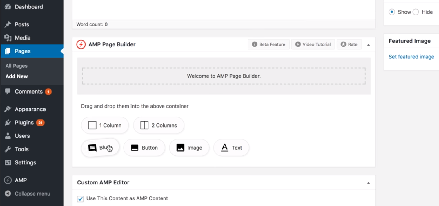 PAGE speed insights AMP builder page 