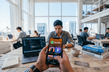 Pessoa acessando o Spotify em um smartphone em ambiente de trabalho, representando o uso de podcasts para aprender sobre marketing e empreendedorismo.