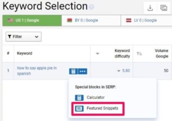 The keyword selection page from Serpstat. 