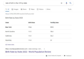 A featured snippet on Google about rate of birth in the US. 