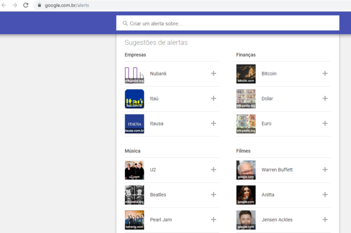página incial da ferramenta google alerts