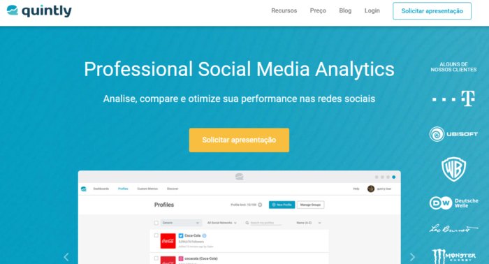 página inicial da ferramenta para monitoramento de redes sociais quintly