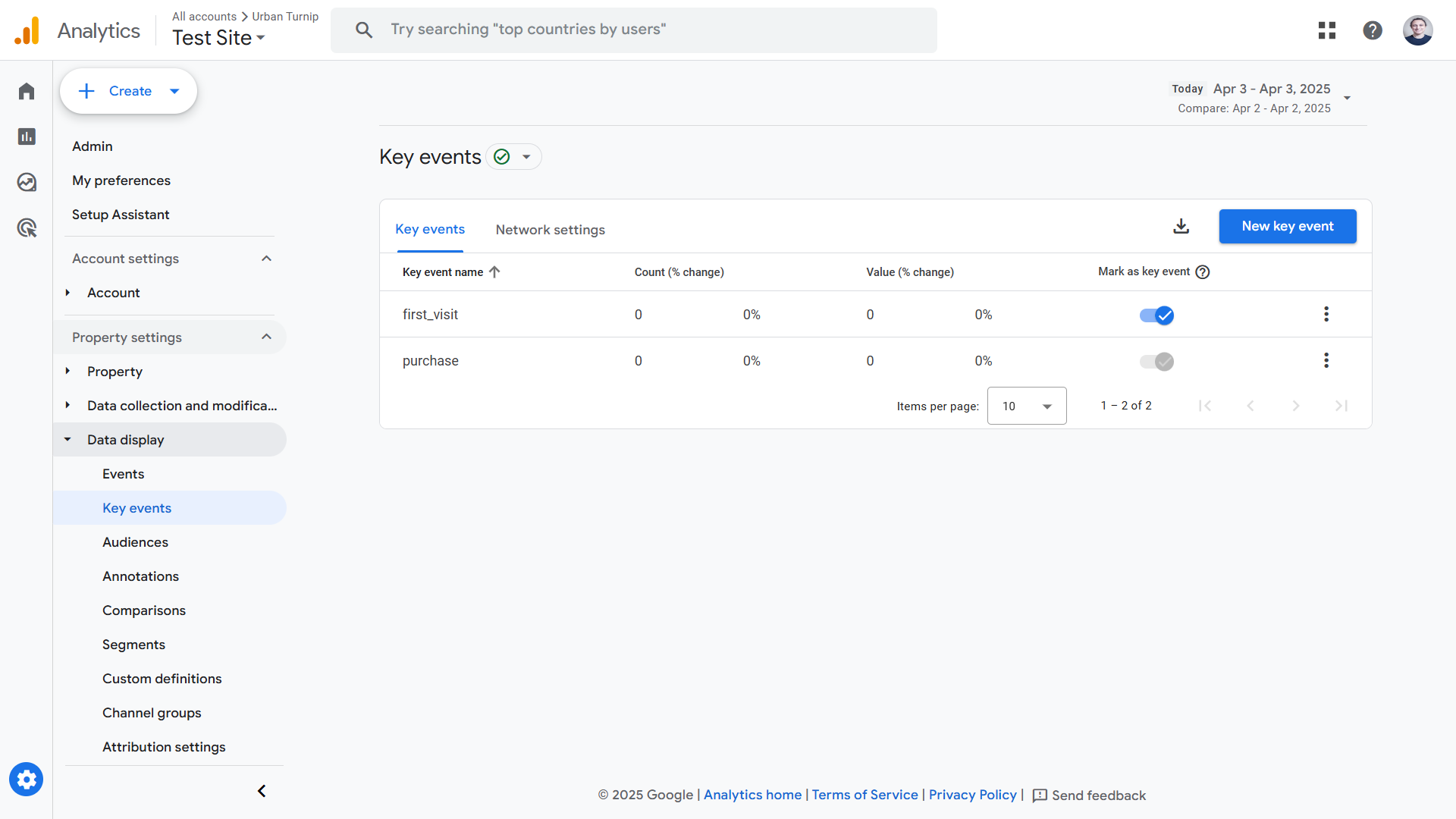 Google Analytics events page with an event toggled to "mark as key event."