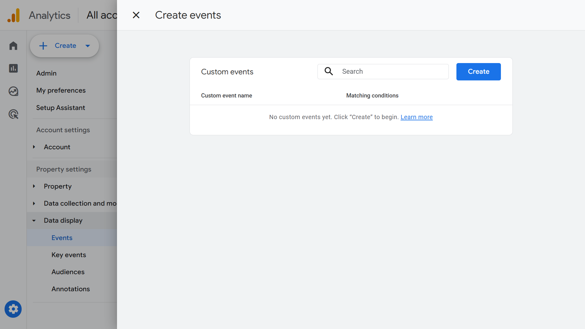 Google Analytics custom event creation page.