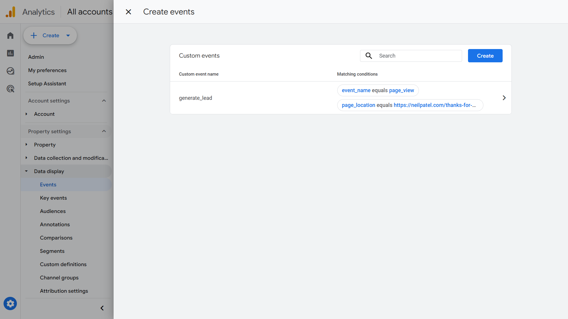 Google Analytics events page with a custom event shown.