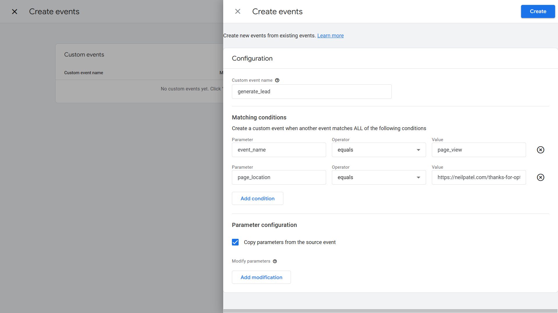 Google Analytics create event configurations.