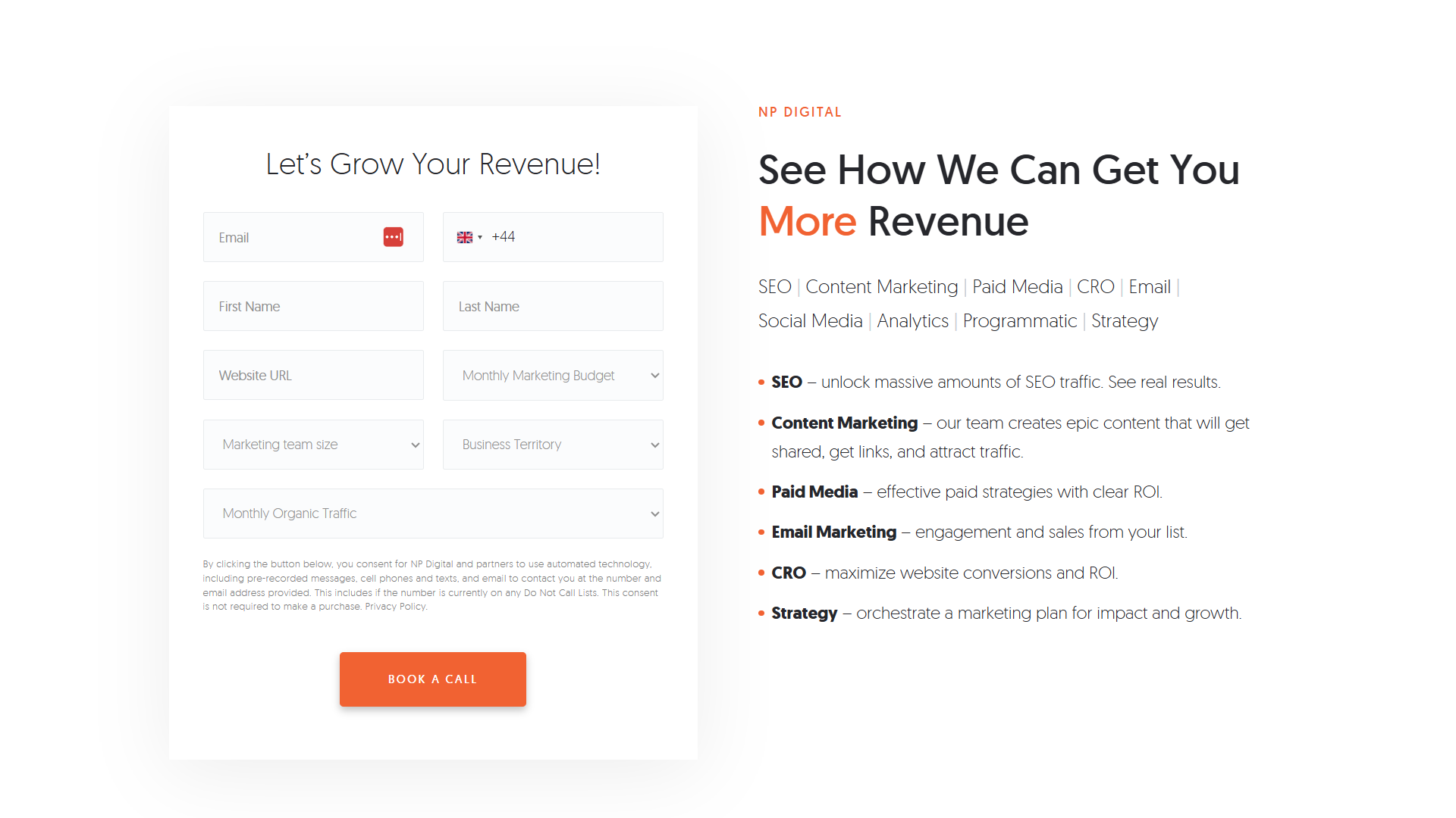 Neil Patel consulting page with a signup form to grow revenue.