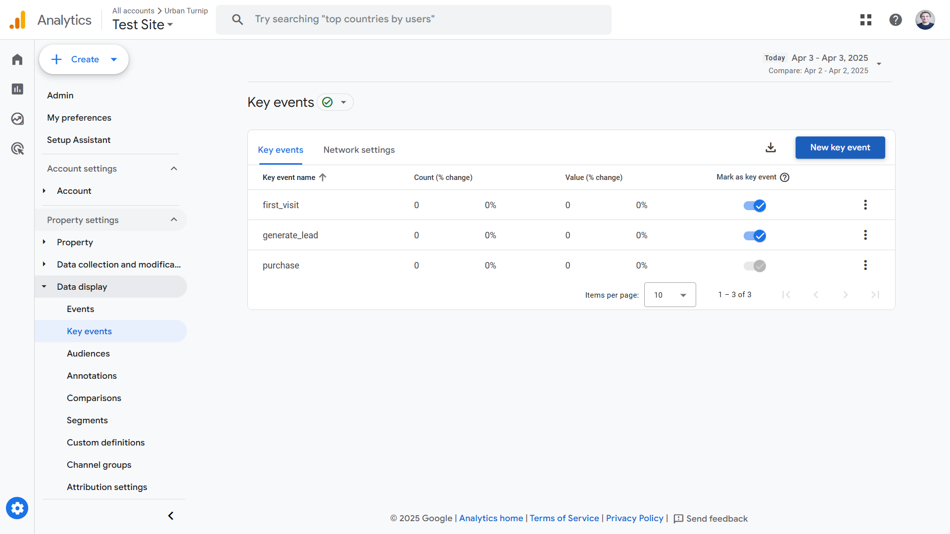 Google Analytics events page with three events listed and two events marked as the key event.