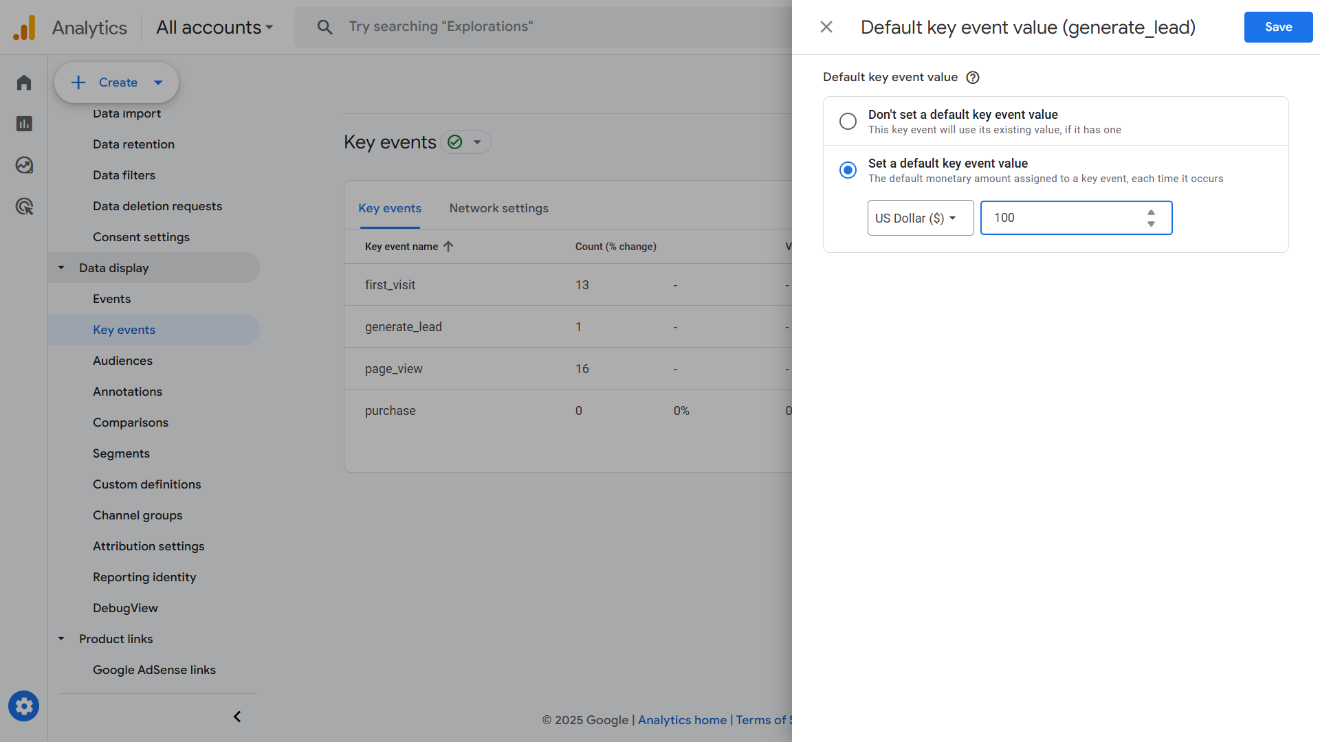 Google Analytics key event value configuration page.