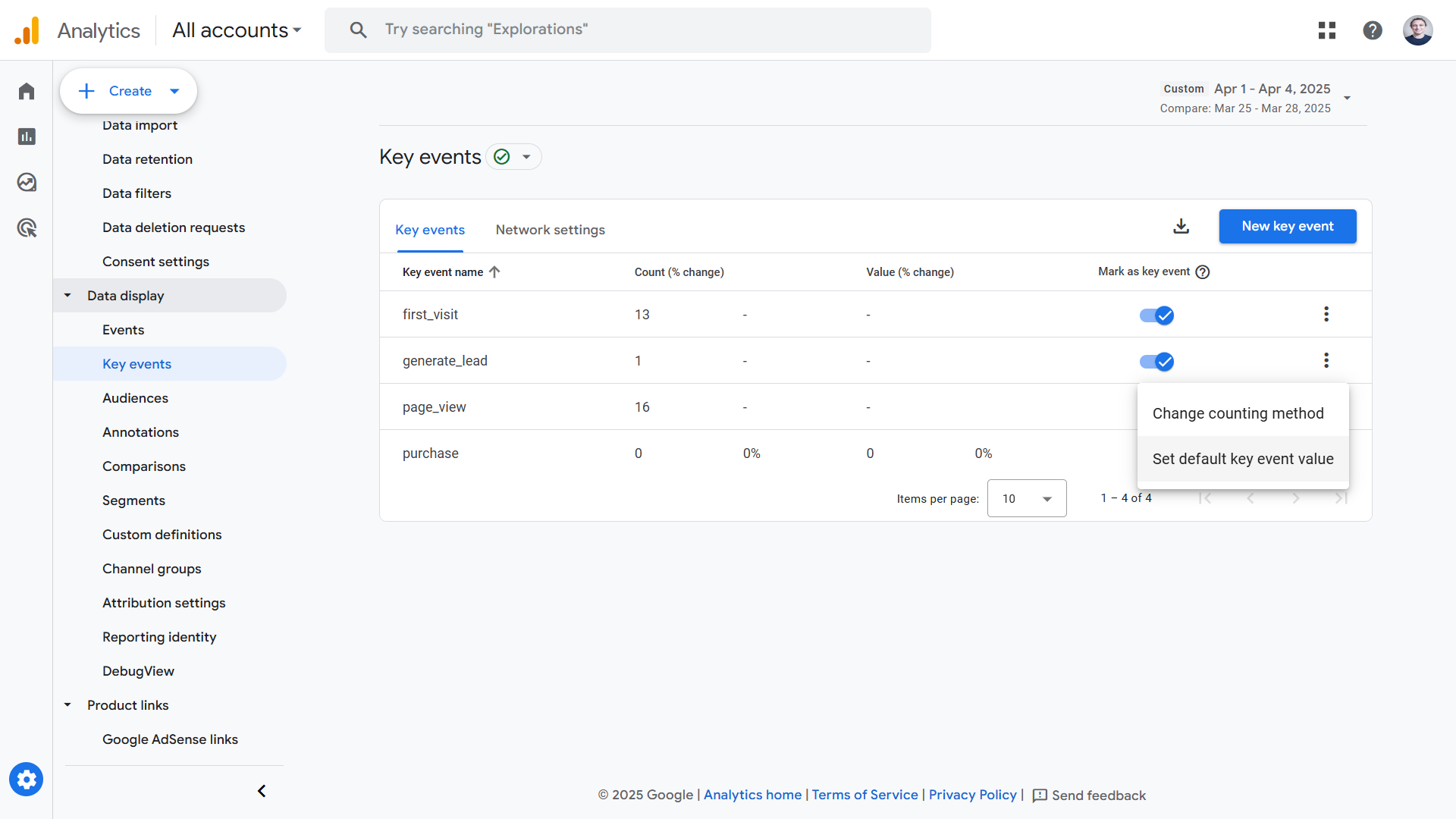 Google Analytics events page with option to select set default key event value shown.