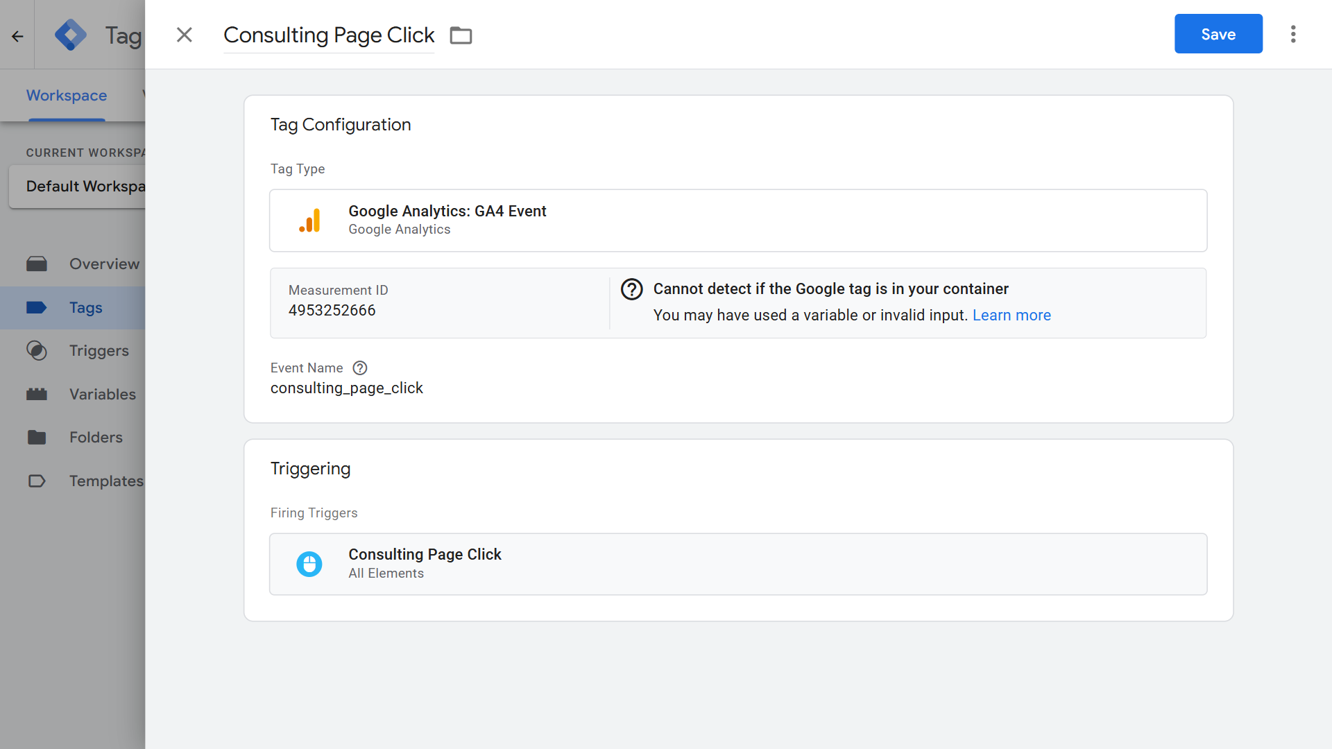 Google Tag Manager configuration page.