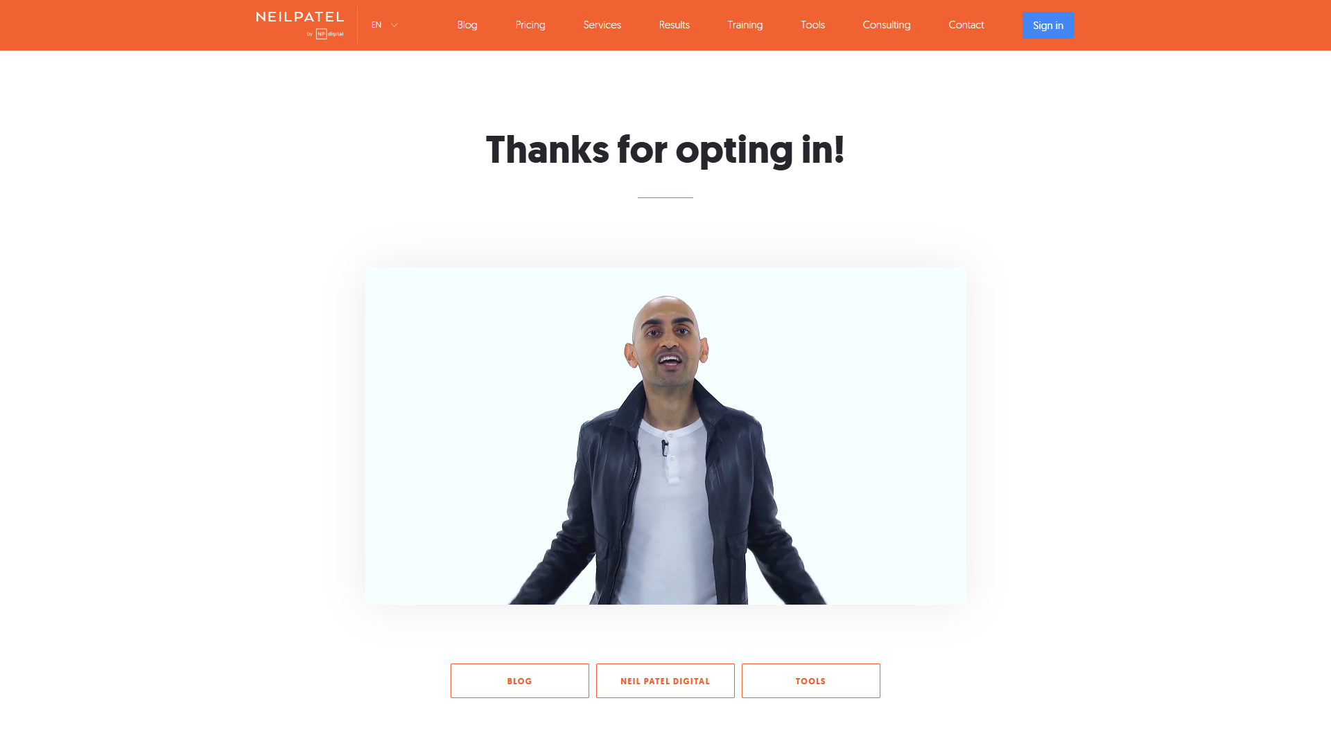 Neil Patel “thanks for opting in” page.