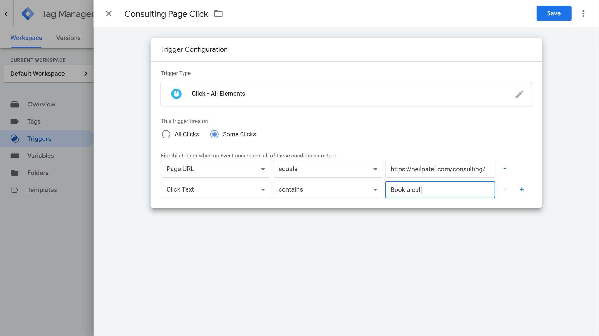 Google Tag Manager trigger configuration setup.