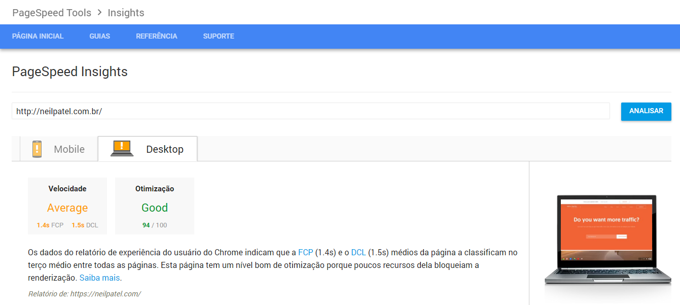 página inicial do site da ferramenta PageSpeed para análise de marketing