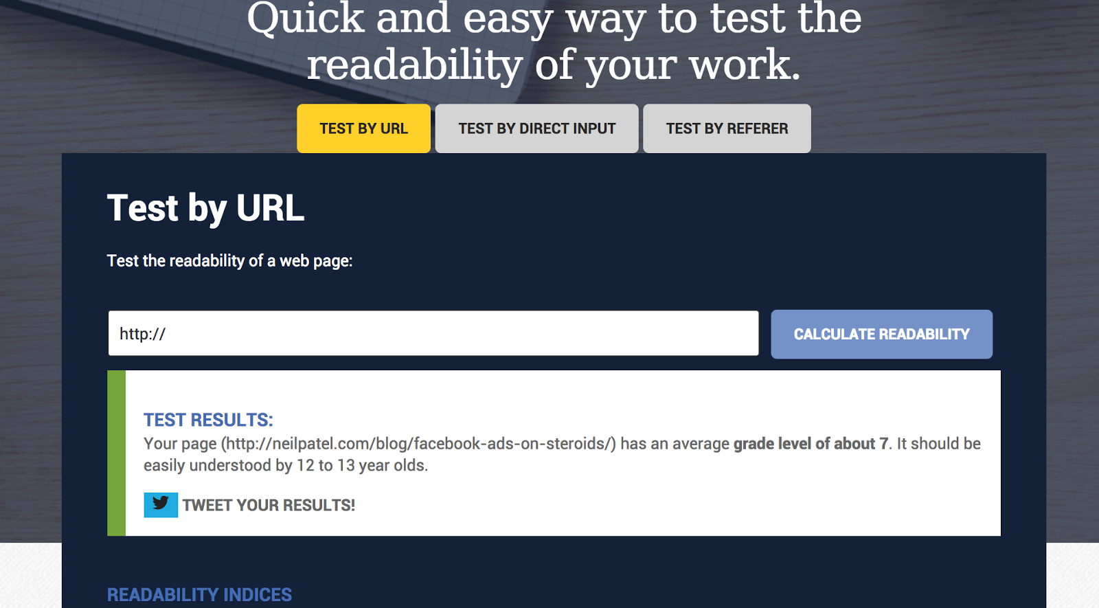 Readability Test Results for neilpatel com blog facebook ads on steroids 