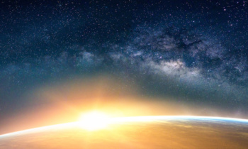 Landscape with Milky way galaxy. Sunrise and Earth view from space with Milky way galaxy. (Elements of this image furnished by NASA)