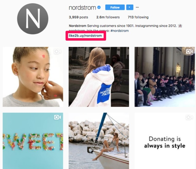 Nordstorm's Instagram bio using  Link2Buy to sell on Instagram