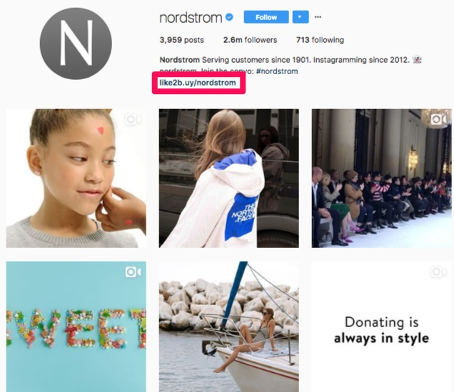 Nordstorm's Instagram bio using Link2Buy to sell on Instagram