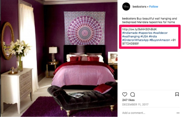Bedcolors hashtags on a post to help them sell on Instagram
