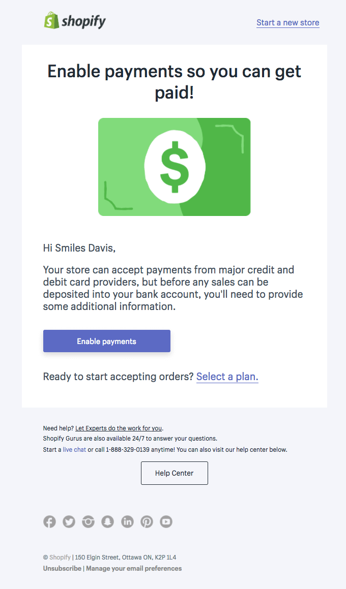 shopify enable payments email