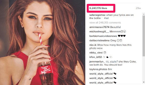 destaque para número de curtidas da artista Selena Gomez