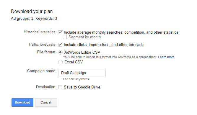 download your plan in google ads for keyword research