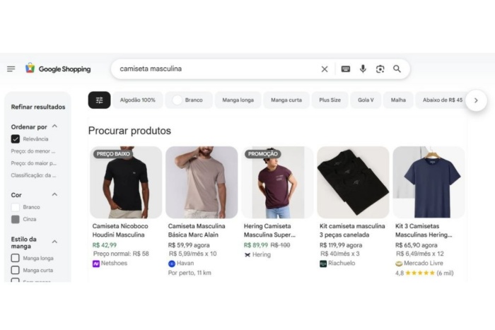 Interface da aba do Google Shopping funcionando como uma vitrine digital completa, com filtros laterais de preço, marca e tamanho.